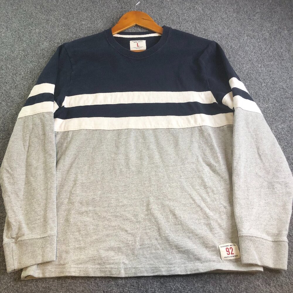 Abercrombie Fitch Muscle Shirt Men Large Gray Navy Striped Long Sleeve Muscle